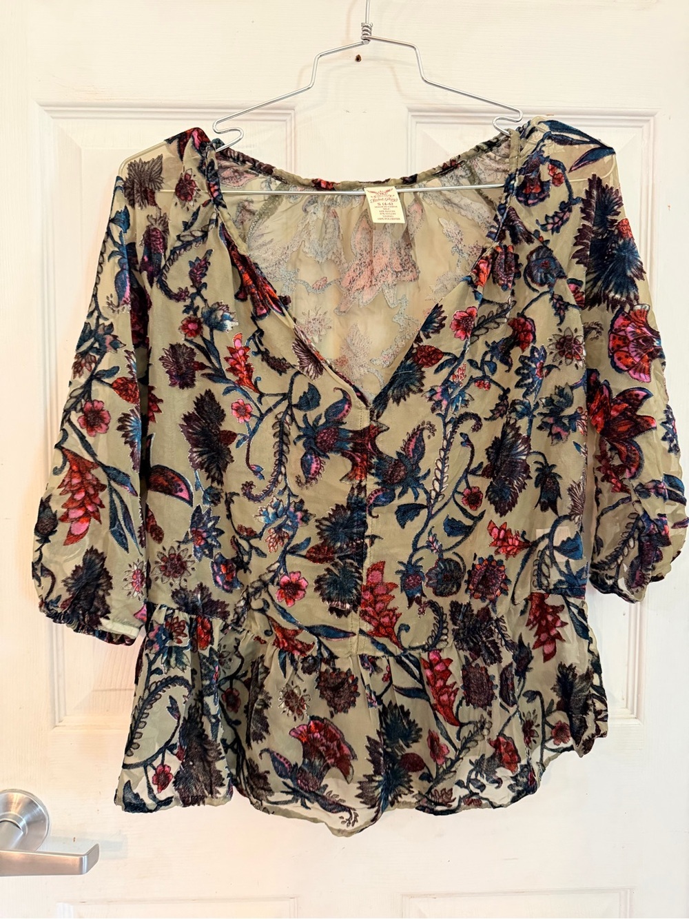 Faded Glory Olive Floral V-Neck Peplum Blouse